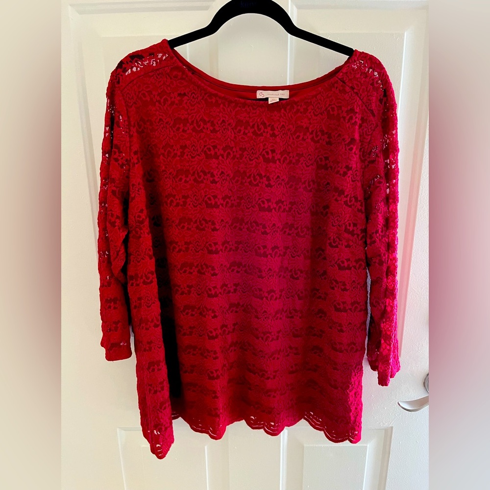 Dress Barn plus dressy red lace sweater, button detail on back. 3/4 sleeves.